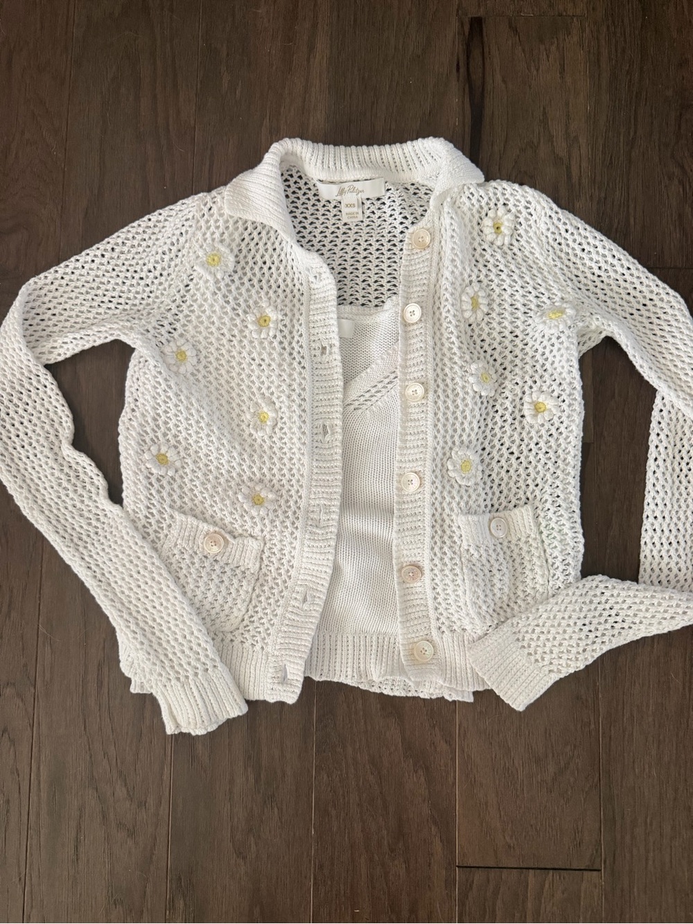 Lilly Pulitzer White Open-Knit Cardigan with Daisy Embellishments
